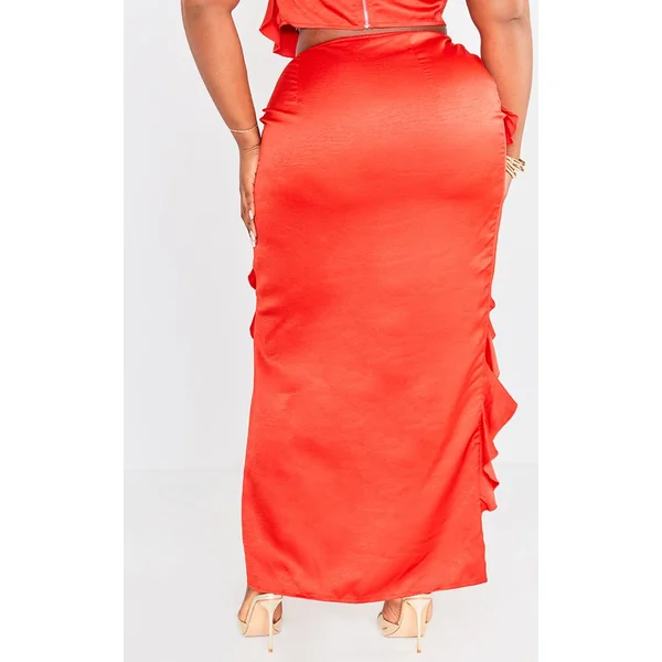 Jupe Midi Grande Taille En Satin À Volants Et Fente Latérale