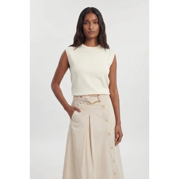 Jupe Midi Tissée En Satin De Coton À Boutons