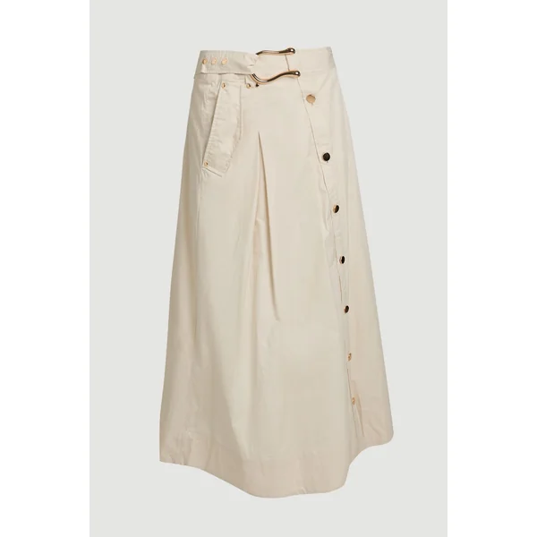 Jupe Midi Tissée En Satin De Coton À Boutons