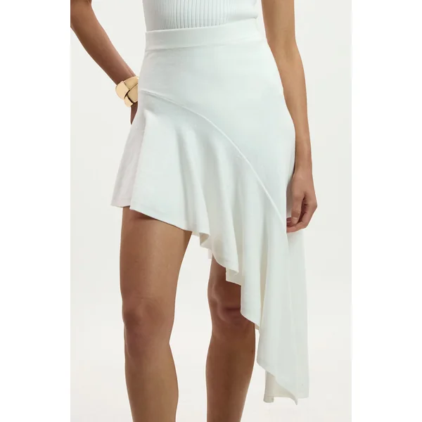 Jupe Mi-Longue Tricotée à Ourlet Asymétrique en Mélange de Viscose