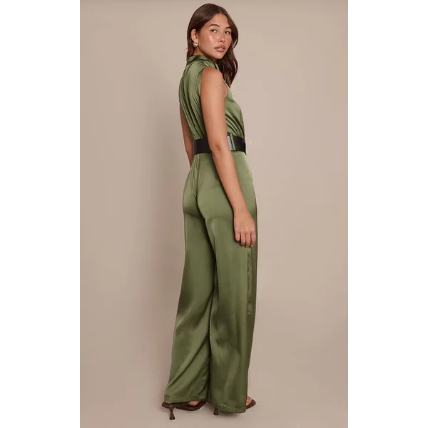 Kaki Combinaison Pantalon Large En Satin Col Montant Avec Ceinture