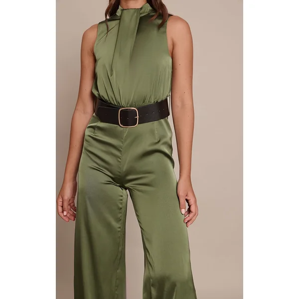 Kaki Combinaison Pantalon Large En Satin Col Montant Avec Ceinture