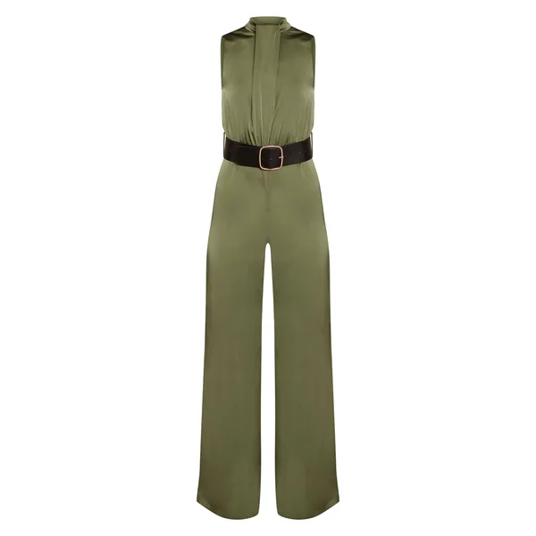 Kaki Combinaison Pantalon Large En Satin Col Montant Avec Ceinture
