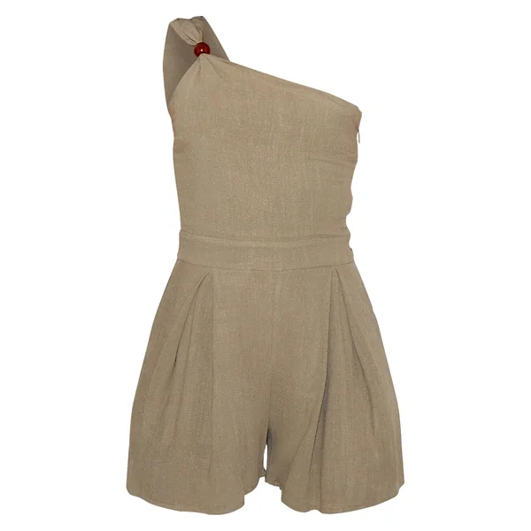Kaki Combi-short À Une Épaule Aspect Lin Avec Détails De Perles