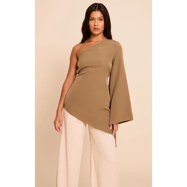 Kaki Haut Long Tissé Asymétrique À Manche Évasée