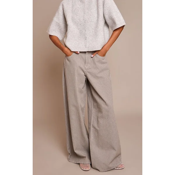 Kaki Jean En Denim Taille Haute À Fines Rayures