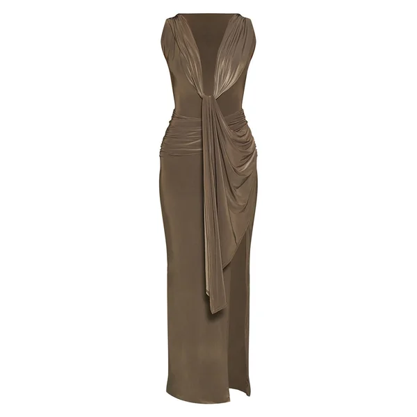 Kaki Robe Maxi Drapée À Décolleté Plongeant Profond Double Couche En Jersey Fluide