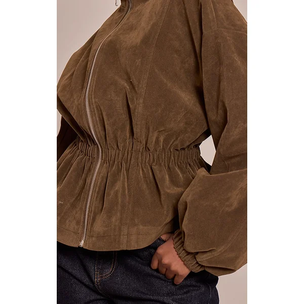 Kaki Veste En Synthétique Cintrée À La Taille