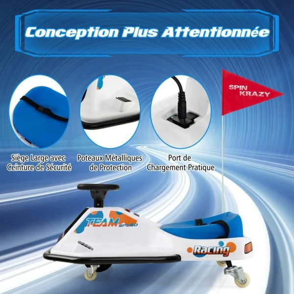 Kart à Dérive Electrique pour Enfants Voiture à Dérive 24V avec Moteur sans Balais de 200W &Vitesse de 3 à 8 km/h pour 3 Ans et Plus Bleu