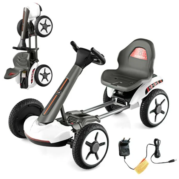 Kart à Pédale Pliable Enfants avec Siège & Volant Réglables Kart Electrique 12 V avec Démarrage Lent Lumière LED Charge 20kg pour Enfant de 2-5 Ans Blanc