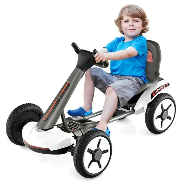 Kart à Pédale Pliable Enfants avec Siège & Volant Réglables Kart Electrique 12 V avec Démarrage Lent Lumière LED Charge 20kg pour Enfant de 2-5 Ans Blanc