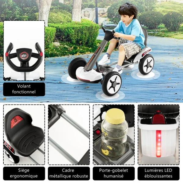 Kart à Pédale Pliable Enfants avec Siège & Volant Réglables Kart Electrique 12 V avec Démarrage Lent Lumière LED Charge 20kg pour Enfant de 2-5 Ans Blanc