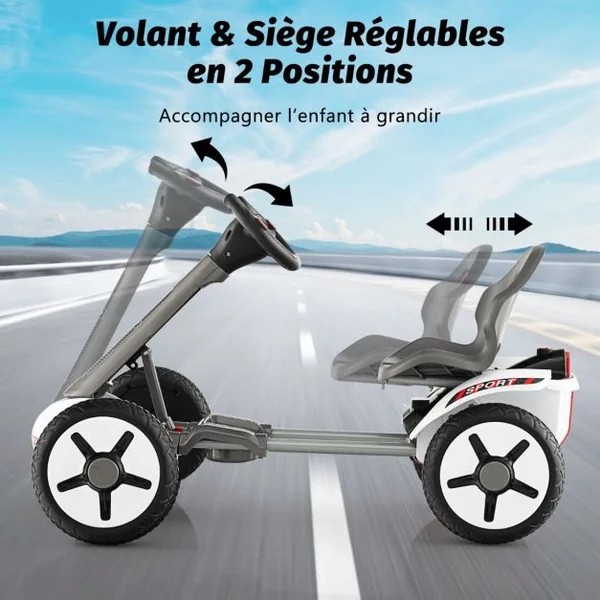 Kart à Pédale Pliable Enfants avec Siège & Volant Réglables Kart Electrique 12 V avec Démarrage Lent Lumière LED Charge 20kg pour Enfant de 2-5 Ans Blanc