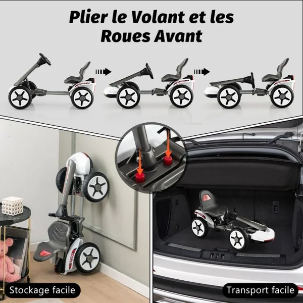 Kart à Pédale Pliable Enfants avec Siège & Volant Réglables Kart Electrique 12 V avec Démarrage Lent Lumière LED Charge 20kg pour Enfant de 2-5 Ans Blanc