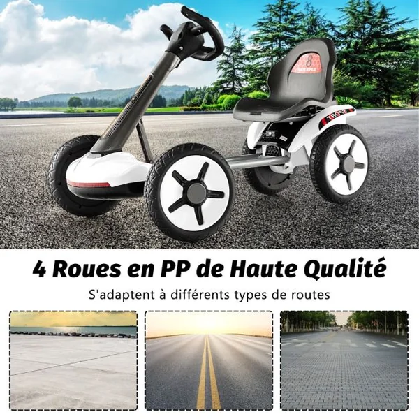 Kart à Pédale Pliable Enfants avec Siège & Volant Réglables Kart Electrique 12 V avec Démarrage Lent Lumière LED Charge 20kg pour Enfant de 2-5 Ans Blanc