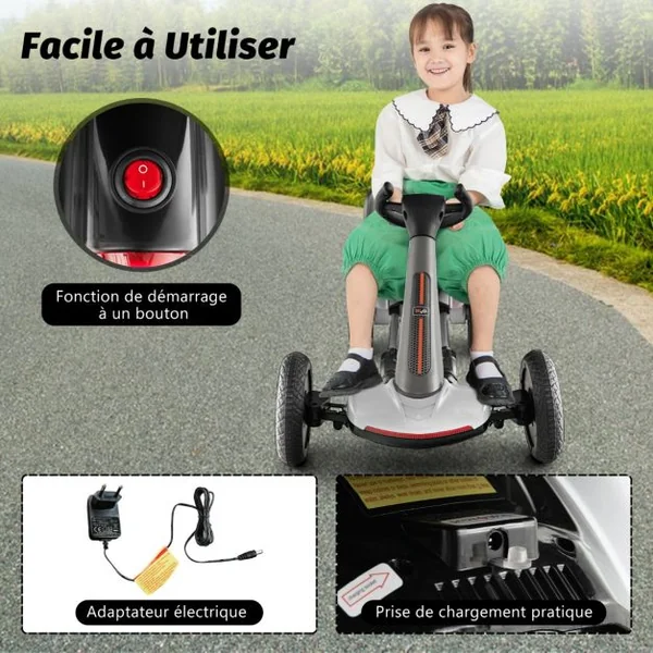 Kart à Pédale Pliable Enfants avec Siège & Volant Réglables Kart Electrique 12 V avec Démarrage Lent Lumière LED Charge 20kg pour Enfant de 2-5 Ans Blanc