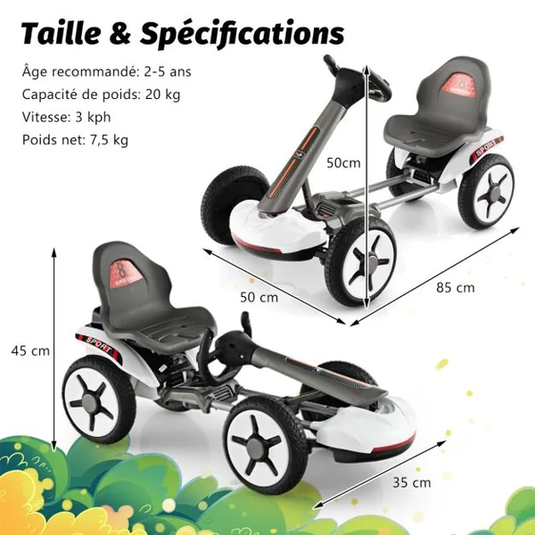 Kart à Pédale Pliable Enfants avec Siège & Volant Réglables Kart Electrique 12 V avec Démarrage Lent Lumière LED Charge 20kg pour Enfant de 2-5 Ans Blanc