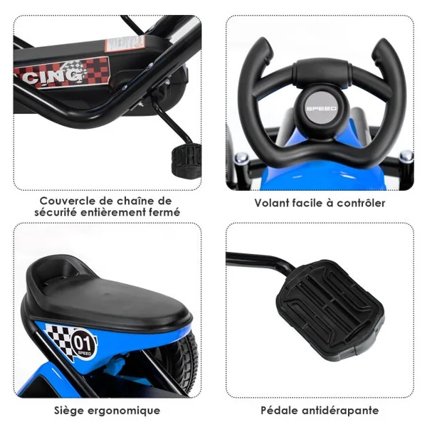 Kart à Pédales Enfants avec Système à Pédalier Vélo et Véhicule Enfants Intérieur Extérieur avec 4 Roues Charge 25KG Bleu