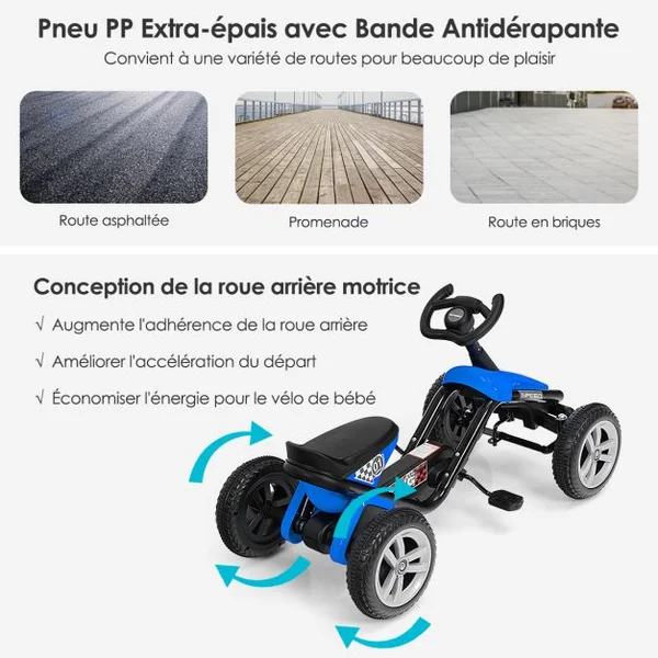 Kart à Pédales Enfants avec Système à Pédalier Vélo et Véhicule Enfants Intérieur Extérieur avec 4 Roues Charge 25KG Bleu