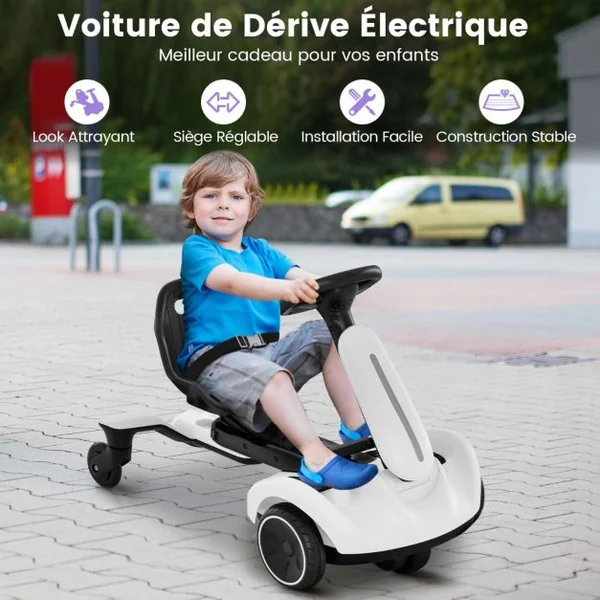 Kart Électrique Dérivable 6V/5 Ah pour Enfants avec 5 Roues Siège Volant Réglables rotation à 360° 5 km/h 3-8 Ans Blanc