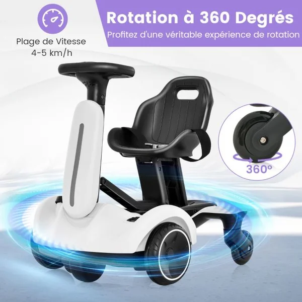 Kart Électrique Dérivable 6V/5 Ah pour Enfants avec 5 Roues Siège Volant Réglables rotation à 360° 5 km/h 3-8 Ans Blanc