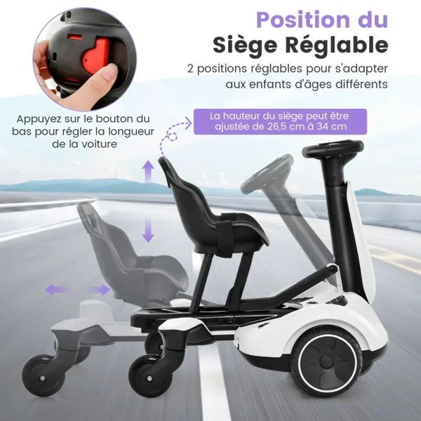 Kart Électrique Dérivable 6V/5 Ah pour Enfants avec 5 Roues Siège Volant Réglables rotation à 360° 5 km/h 3-8 Ans Blanc