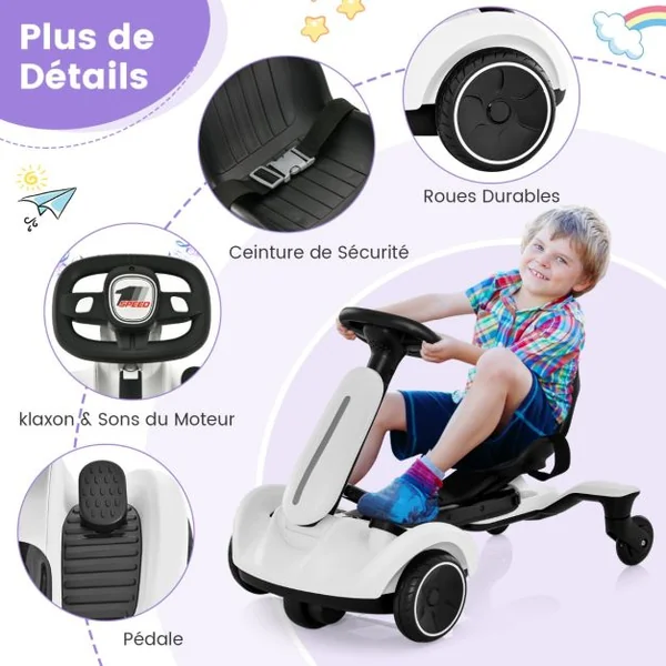 Kart Électrique Dérivable 6V/5 Ah pour Enfants avec 5 Roues Siège Volant Réglables rotation à 360° 5 km/h 3-8 Ans Blanc
