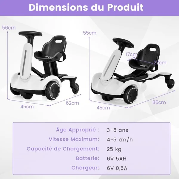 Kart Électrique Dérivable 6V/5 Ah pour Enfants avec 5 Roues Siège Volant Réglables rotation à 360° 5 km/h 3-8 Ans Blanc