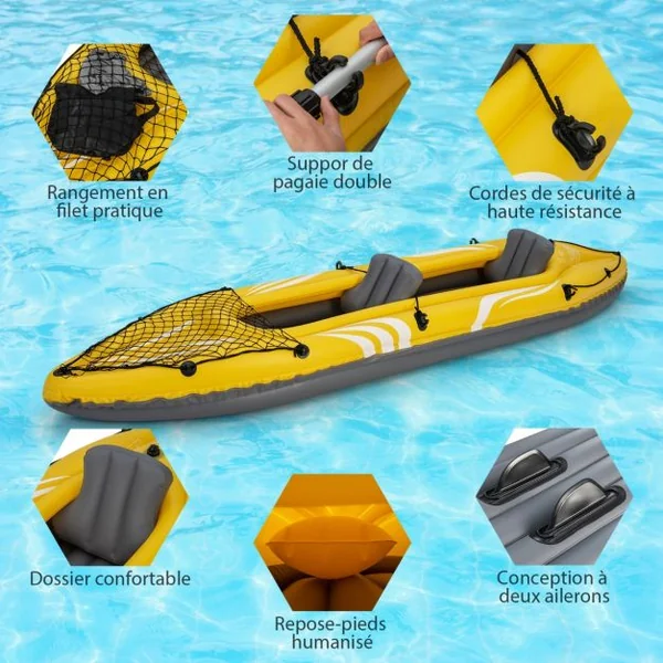 Kayak Gonflable 2 Places avec Sièges Amovibles Canoë avec Pagaie Siège Gonflable et Pompe à Pied Sac de Transport Charge 160 KG Jaune