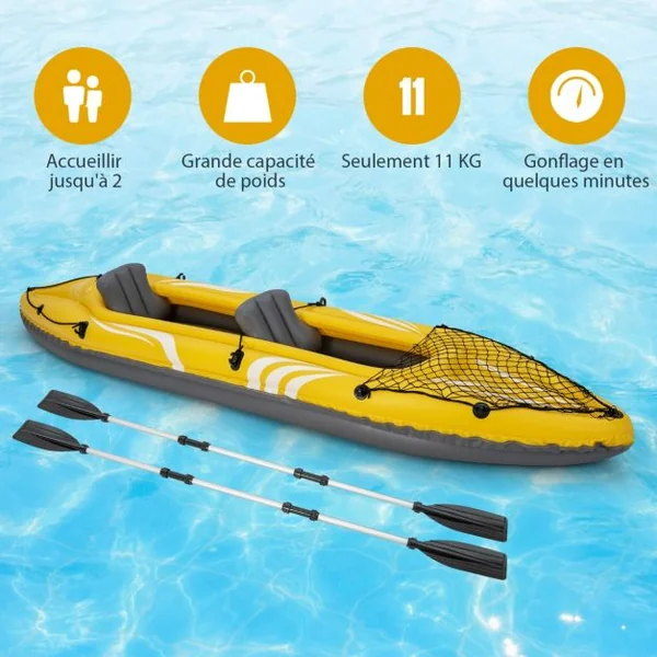 Kayak Gonflable 2 Places avec Sièges Amovibles Canoë avec Pagaie Siège Gonflable et Pompe à Pied Sac de Transport Charge 160 KG Jaune