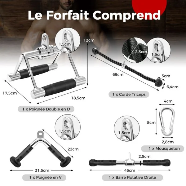 Kit d'Accessoires pour Machine de Musculation à Câble Accessoires de Traction Poignée à Pression en Forme de V Barre Droite Corde Triceps