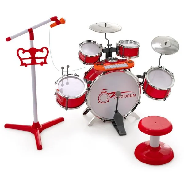 Kit de Batterie Jazz pour Enfants avec 5 Tambours Clavier 8 Clés 11 Touches de Fonction pour Débutants 3 Ans+ Rouge