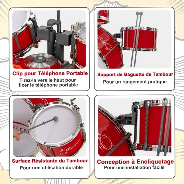 Kit de Batterie Jazz pour Enfants avec 5 Tambours Clavier 8 Clés 11 Touches de Fonction pour Débutants 3 Ans+ Rouge