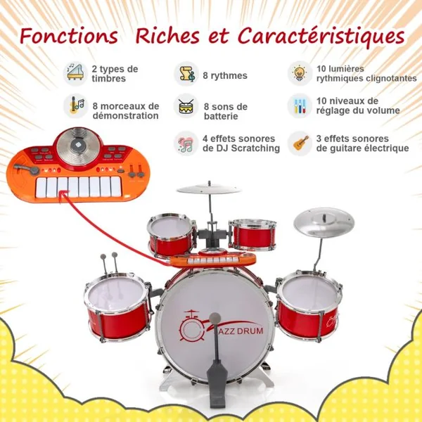 Kit de Batterie Jazz pour Enfants avec 5 Tambours Clavier 8 Clés 11 Touches de Fonction pour Débutants 3 Ans+ Rouge