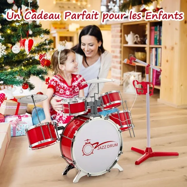 Kit de Batterie Jazz pour Enfants avec 5 Tambours Clavier 8 Clés 11 Touches de Fonction pour Débutants 3 Ans+ Rouge