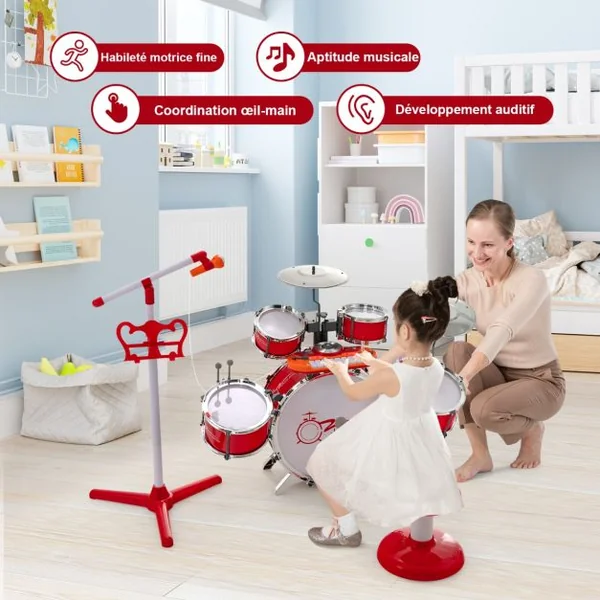Kit de Batterie Jazz pour Enfants avec 5 Tambours Clavier 8 Clés 11 Touches de Fonction pour Débutants 3 Ans+ Rouge