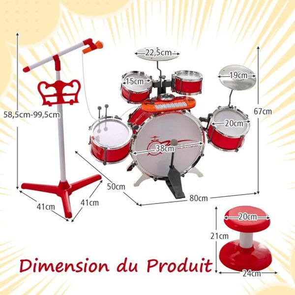 Kit de Batterie Jazz pour Enfants avec 5 Tambours Clavier 8 Clés 11 Touches de Fonction pour Débutants 3 Ans+ Rouge