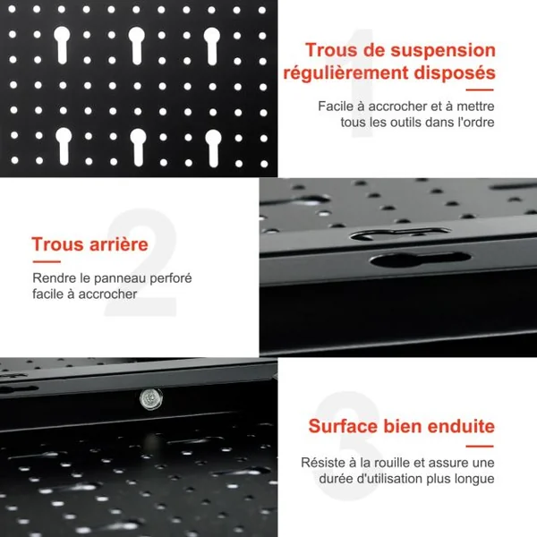 Kit de Rangement d'Outils en Métal avec 3 Panneaux Perforés 25 Accessoires de Suspension pour Garage Atelier Entrepôt Noir Rouge