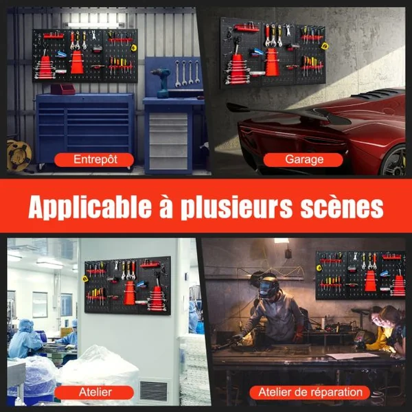 Kit de Rangement d'Outils en Métal avec 3 Panneaux Perforés 25 Accessoires de Suspension pour Garage Atelier Entrepôt Noir Rouge