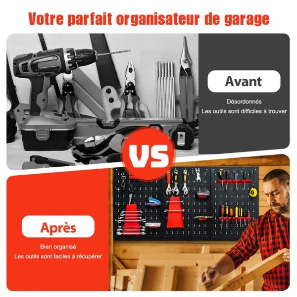 Kit de Rangement d'Outils en Métal avec 3 Panneaux Perforés 25 Accessoires de Suspension pour Garage Atelier Entrepôt Noir Rouge