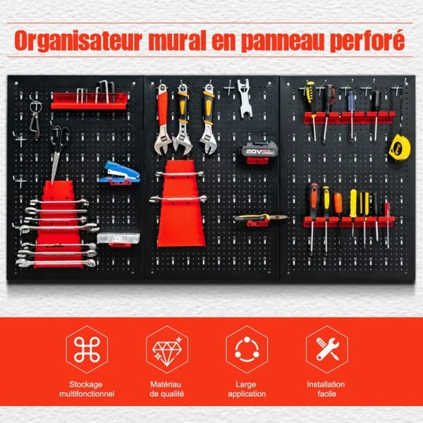 Kit de Rangement d'Outils en Métal avec 3 Panneaux Perforés 25 Accessoires de Suspension pour Garage Atelier Entrepôt Noir Rouge