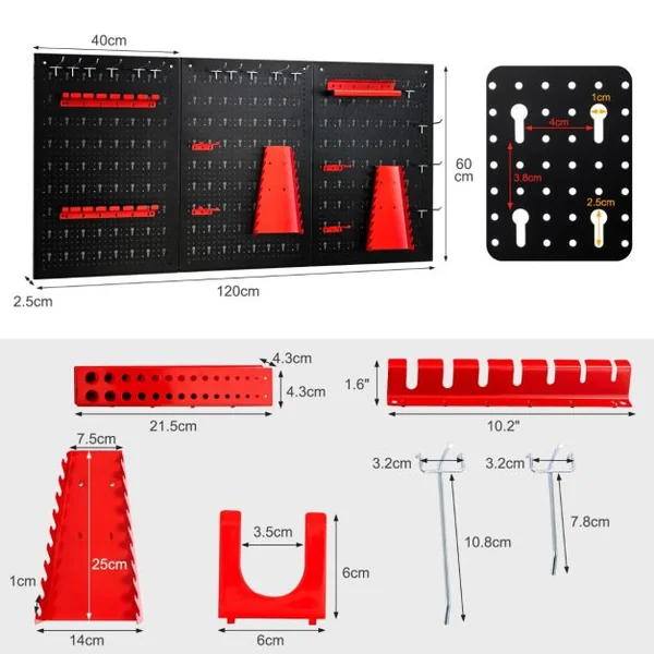 Kit de Rangement d'Outils en Métal avec 3 Panneaux Perforés 25 Accessoires de Suspension pour Garage Atelier Entrepôt Noir Rouge