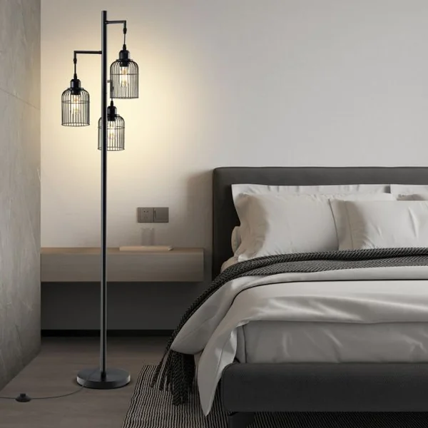 Lampadaire Moderne Lampadaire Industriel 169 CM 3 Abat-jours en Forme de Cage Interrupteur au Pied Base Robuste Lampadaire Haut Noir