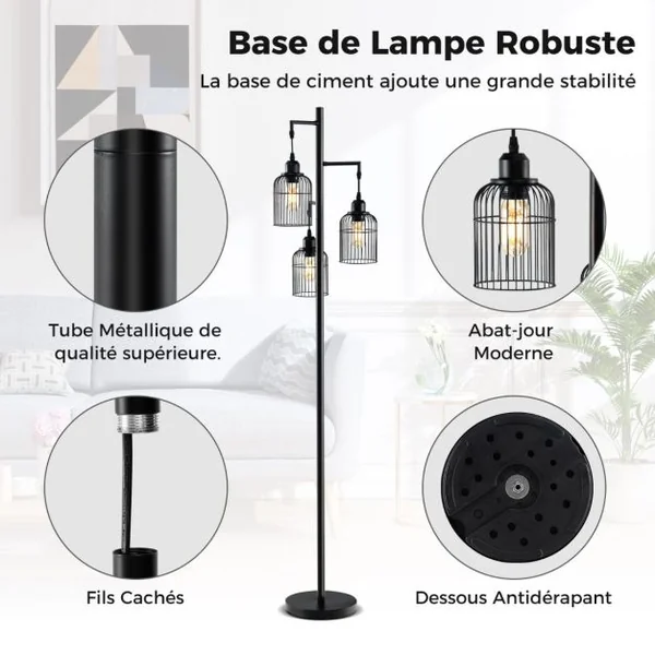 Lampadaire Moderne Lampadaire Industriel 169 CM 3 Abat-jours en Forme de Cage Interrupteur au Pied Base Robuste Lampadaire Haut Noir