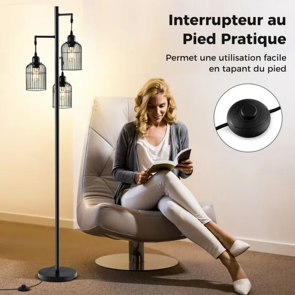 Lampadaire Moderne Lampadaire Industriel 169 CM 3 Abat-jours en Forme de Cage Interrupteur au Pied Base Robuste Lampadaire Haut Noir