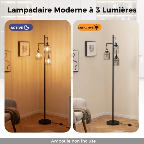 Lampadaire Moderne Lampadaire Industriel 169 CM 3 Abat-jours en Forme de Cage Interrupteur au Pied Base Robuste Lampadaire Haut Noir