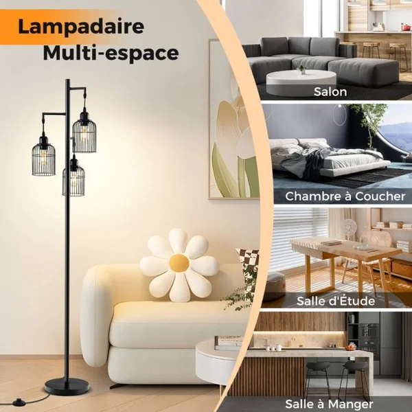 Lampadaire Moderne Lampadaire Industriel 169 CM 3 Abat-jours en Forme de Cage Interrupteur au Pied Base Robuste Lampadaire Haut Noir
