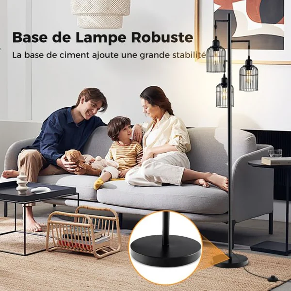 Lampadaire Moderne Lampadaire Industriel 169 CM 3 Abat-jours en Forme de Cage Interrupteur au Pied Base Robuste Lampadaire Haut Noir