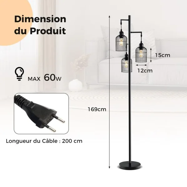 Lampadaire Moderne Lampadaire Industriel 169 CM 3 Abat-jours en Forme de Cage Interrupteur au Pied Base Robuste Lampadaire Haut Noir