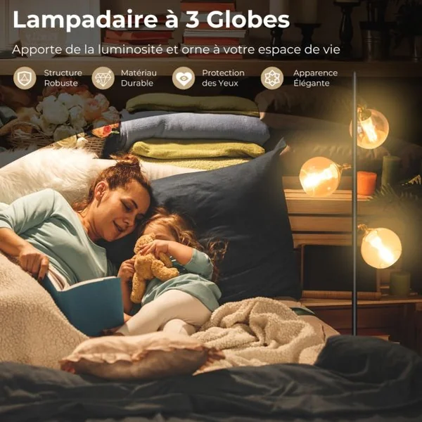 Lampadaire Moderne Lampe sur Pied avec 3 Abat-jours Globe en Verre base Lestée Interrupteur au Pied Lampe Arbre sur Pied pour Chambre Bureau Noir